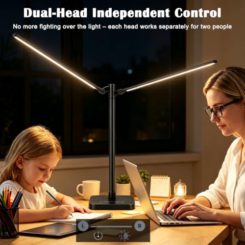 Desk Lamp for Office Home Dual Head 24W Swing Arm Reading Table Lamp Black (Black)
