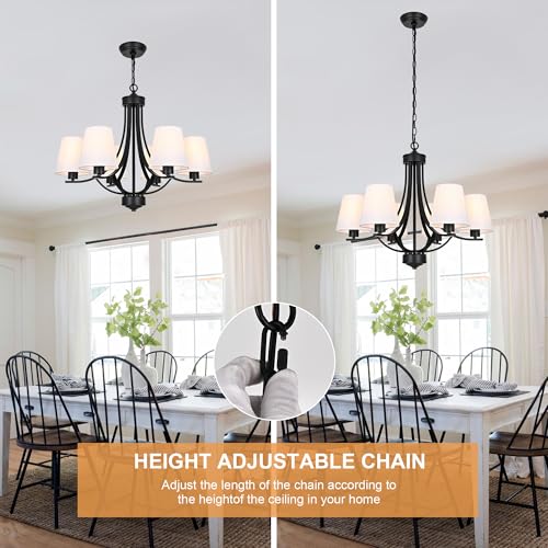 Farmhouse Chandeliers 6 Light Black Contemporary Pendant Lighting Rustic Dining Room Lighting Fixtures Hanging with White Fabric Shade
