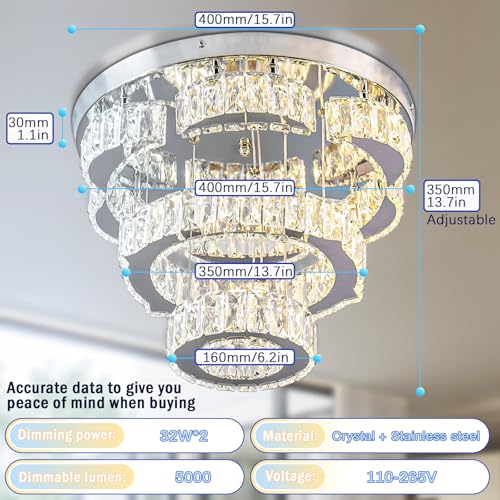 15.7" 2 Ring Flower Crystal Flush Mount Ceiling Light Dimmable remote