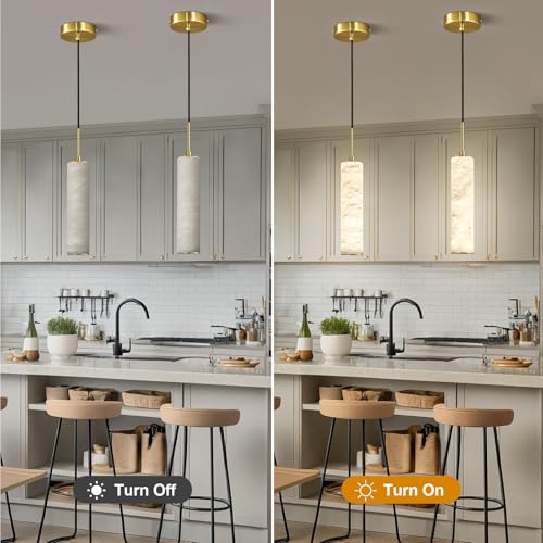 Natural Alabaster Pendant Lights for Kitchen Island White Marble Long Tube Chandelier Modern 4000K Gold Ceiling Light Fixtures for Bedroom Dining Room Table Living Room Hallway (2 Count)