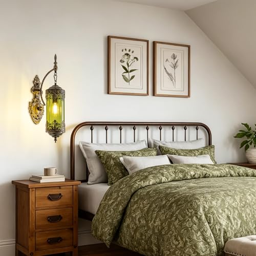 Antique Gothic Green Glass Wall Sconce for Bedroom