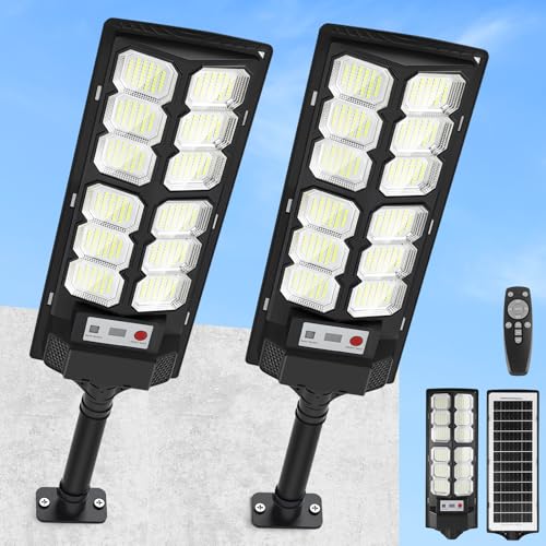 2 Pack Solar Street Lights Outdoor Waterproof 6500K 13000LM LED Solar Flood Lights Dusk to Dawn Parking Lot Light with Motion Sensor and Remote Control for Commercial Area Lighting Yard (2 Count)