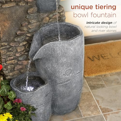 HIM562 Outdoor 4 Tier Stone Bowl Fountain with LED Lights for Garden