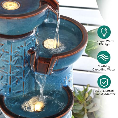 28" Ceramic Outdoor Water Fountain with LED Lights