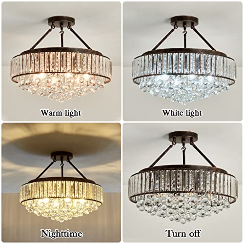 6 Light Modern Crystal Oil Rubbed Bronze Metal Semi Flush Mount Ceiling Light Fixture E26 Indoor Round Ceiling Lamp for Dining