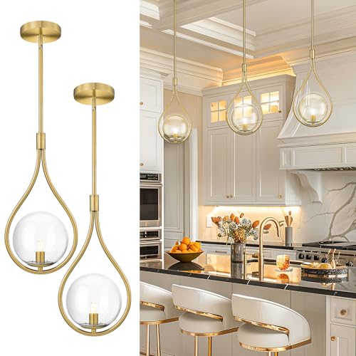 2Pack Glass Pendant Lights Kitchen Island Gold Pendant Light Fixture (2 Count)