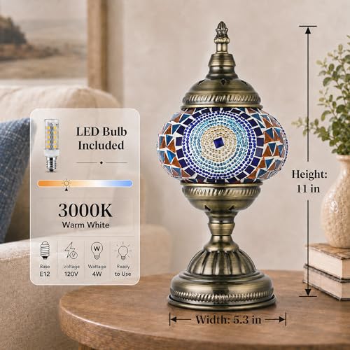 Turkish Moroccan Table Lamp Lantern with Handmade Mosaic Glass Lampshade Tiffany Style Bohemian Stained Glass Decorative Desk Lamps Bedside Night Lights for Bedroom