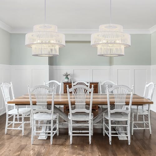 22" Farmhouse Rattan Chandeliers Large White Boho Light Fixtures for Dining Room Kitchen Island Living Room Foyer Hallway 5
