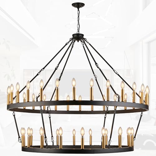 Rustic Farmhouse Wagon Wheel Chandelier Black+Brushed Brass Large Chandeliers for High Ceilings 2 Tier 48 Lights 55 Inch for Dining Room Living Room Foyer Porch Kitchen Island