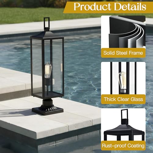 25.6” Hardwired Outdoor Post Lamp for Residential Sidewalk Lamp Post Outdoor Lighting for Exterior Gate Post Pier Mount Lights Large Size Steel and Glass 25.6inch Exterior Pillar Lantern