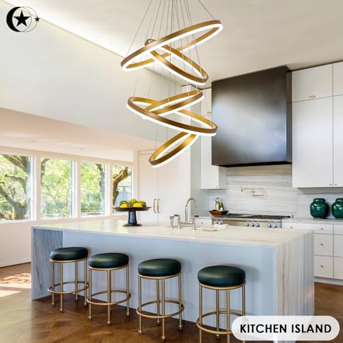 5 Rings Modern LED Chandelier Gold Dimmable High Ceiling Chandelier for Dining Room with Remote Control for Foyer Living Room Entryway Staircase