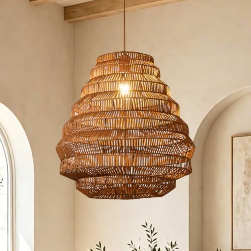 H-20.1" Hand-Woven Rattan Chandelier, Boho Layered Teardrop Pendant Light with Open-Weave Basket Shade, Natural Brown Wicker Pendant Lamp for Kitchen Island, Dining Room, Living Room, Bedroom
