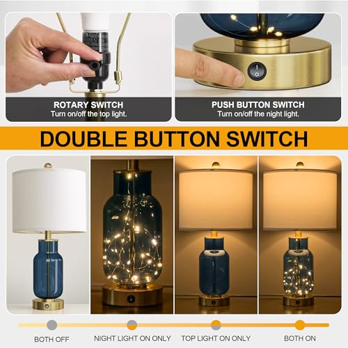 22" Glass Table Lamps Set of 2 with LED Nightlight for Bedroom (2 Count)