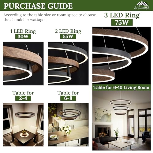 LED 3 Ring Chandelier Dining Room Modern Black Walnut Chandeliers Dimmable