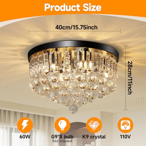 8 Light Modern Crystal Chandelier Black Metal G9 Base Flush Mount Round Light Fixture Ceiling Lamp Farmhouse for Dining Living Room Laundry Foyer Kitchen Balcony Bedroom