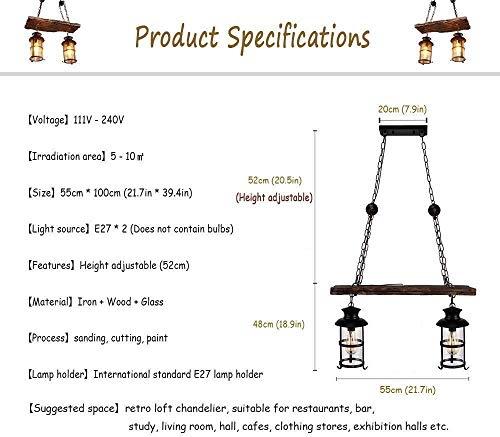 Wood Retro Pendant Lighting Industrial Vintage Chandelier Black Metal Bedroom Restaurant Suspension Lamp Cage Frame with Glass Shade House Loft Bar Coffee Decoration Ceiling Lights Fitting (2 Count)