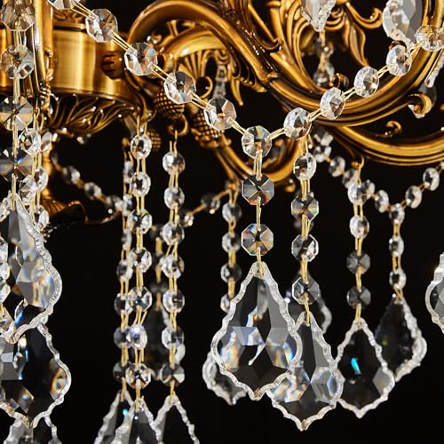Vintage 8 Arms Crystal Chandelier Candle Light Fixture for Dining Room Living Room Bedroom Hallway Entryway Antique Gold Finish
