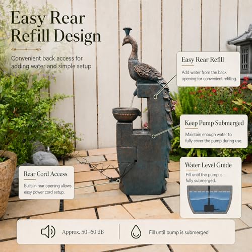 Outdoor Water Fountain 41" H Cascading Peacock Waterfall Fountain with LED Lights & Pump Tiered Water Feature for Garden