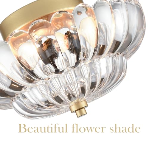 Gold Ceiling Light Fixture with Scalloped Clear Glass Shade