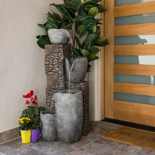 HIM562 Outdoor 4 Tier Stone Bowl Fountain with LED Lights for Garden