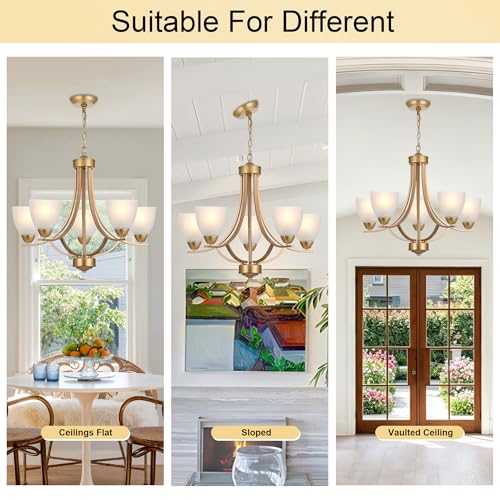 Modern Chandelier 5 Light Mid Century Alabaster Glass Classic Hanging Chandeliers in Gold Finish Pendant Light Fixtures for Dining Room