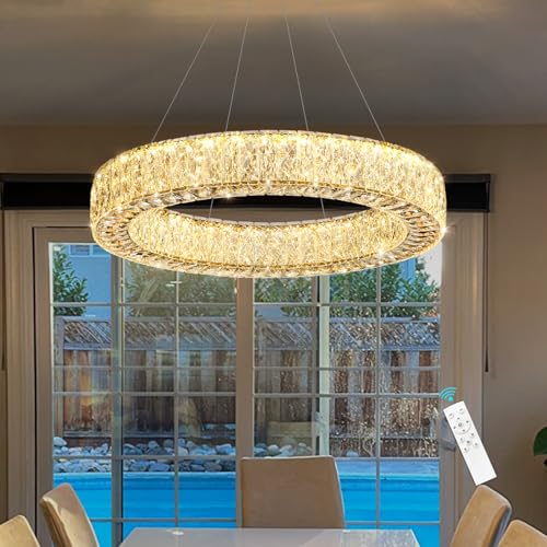 24 Inch Chandelier Glam Dimmable Crystal Chandeliers Luxury Remote Ceiling Pendants Lighting Fixtures for Dining Room Bedrooms Gold