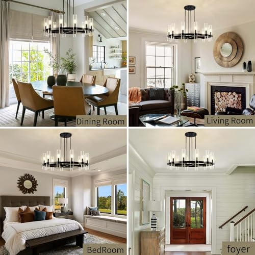 12 Light Black Round Chandelier 36'' Wagon Wheel Chandeliers for Dining Room Light Fixture Clear Glass Tube Chandelier Modern Farmhouse Chandeliers for Living Room Bedroom