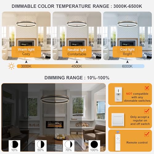 Modern LED Pendant Light D24in Black Gold Dimmable Circular LED Chandelier 1 Ring with Remote