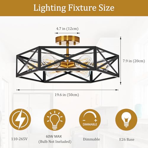 Black and Gold Modern Farmhouse Semi Flush Mount Ceiling Light 19.7 in