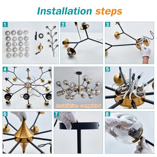 20 Light Extra Large Sputnik Chandelier Mid Century Modern Black and Gold Ceiling Light Fixture with Glass Globe Pendant Light Hanging for Dining Room Kitchen Living Room Foyer