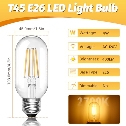 Vintage E26 4W LED Edison Bulbs 40W Equivalent 400 Lumens 2700K Warm White CRI90 T45 Antique LED Bulb Clear Glass 4 Packs for Chandeliers (4 Count)