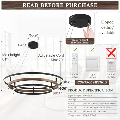 3 Ring LED Chandelier Modern Chandeliers Walnut Wood Black Dimmable 31''