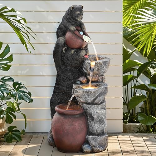 38" H Playful Twin Bear Statue Outdoor Fountain with LED Lights