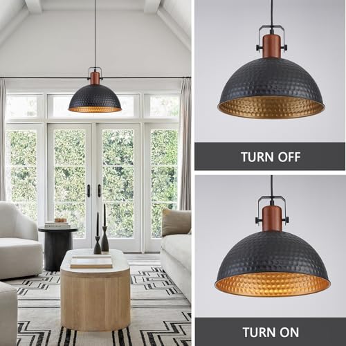 12 Inch Black Pendant Lights Hammered Matte Pendant Lights for Kitchen Island Industrial Farmhouse Adjustable Height Dome Hanging Light Fixtures for Barn (2 Count)