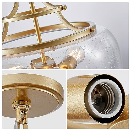 Chandelier Rustic Farmhouse Industrial Round Ceiling Pendant LED Light Fixture Clear Seeded Glass Shade for Dining Room Kitchen Island Foyer Entryway