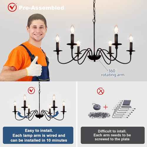 Depuley Farmhouse Chandelier for Dining Room: 6-Light Black Industrial Kitchen Island Pendant Light Fixture - Rustic Candle Chandeliers Vintage Modern Hanging Ceiling Lamp for Bedroom Foyer