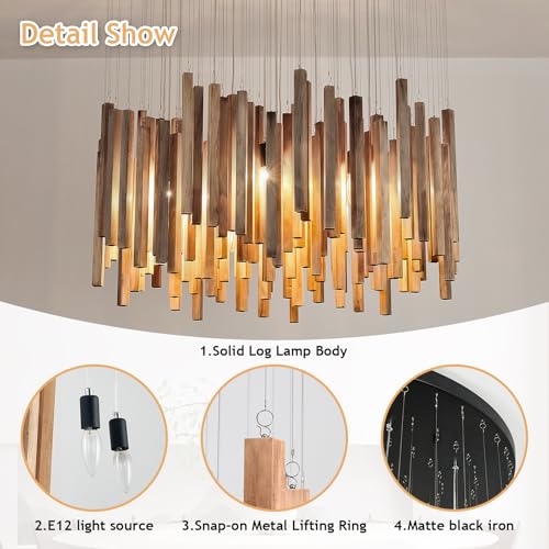12 Light Wood Chandelier Light Fixture Boho Pendant Light Rustic Large Hanging lamp for Farmhouse Living Doom Entryway Entrance Dinning Room Foyer Kitchen