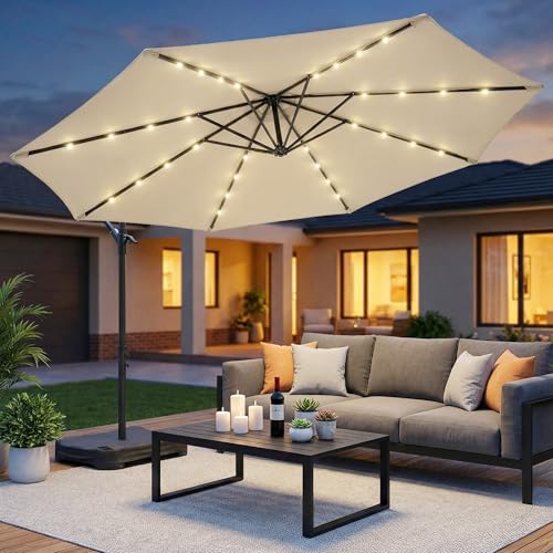 10FT Patio Umbrella with Solar Lights and Base for Patio