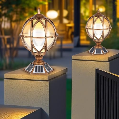 17.7 Inch Solar Powered Outdoor Pillar Lights with Amber Glass Post Lights
