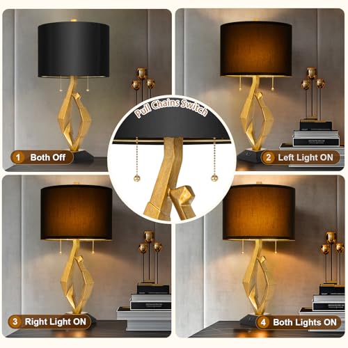 Gold Leaf Finish Table Lamp Set of 2 with USB Ports for Bedroom (2 Count)