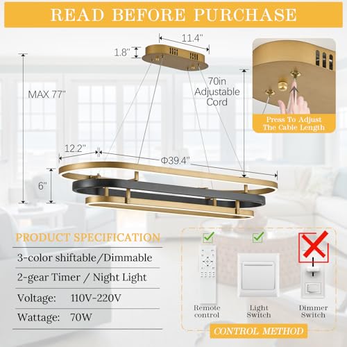 3 Ring LED Chandelier Modern Chandeliers Black Gold Brass Dimmable 39''