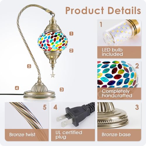Turkish Moroccan Lamp with Bronze Base 3 Color Options Handmade Swan Neck Mosaic Glass Bedside Lamps for Bedroom