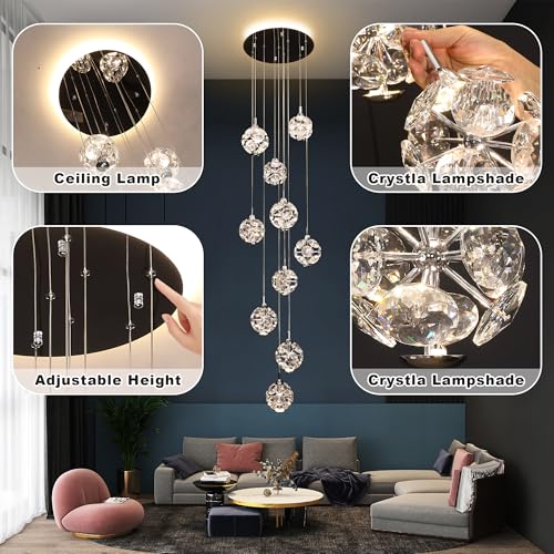 10 Light High Ceilings Long Chandeliers Modern Crystal Staircase Chandelier Hanging Flush Mount Lighting Fixtures for Spiral Staircase (127 Count)
