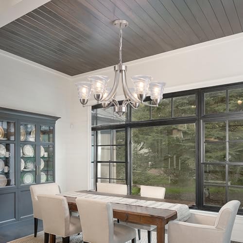 Modern Brushed Nickel Farmhouse Chandelier 6 Light Silver Chandeliers for Dining Room Adjustable Height Hanging Light Fixture with Clear Glass Shade