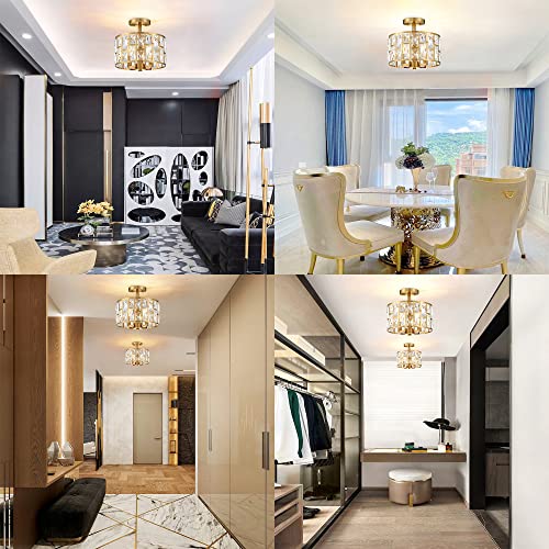 Gold Finish 3LT Crystal Semi Flush Mount Ceiling Light Fixture