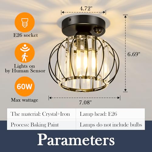 Indoor Motion Sensor Ceiling Light Fixture Modern Cryatal Semi Flush Mount Ceiling Light Black Ovrehead Light Fixture for Porch Hallway Front Entryway Kitchen Hall Garage