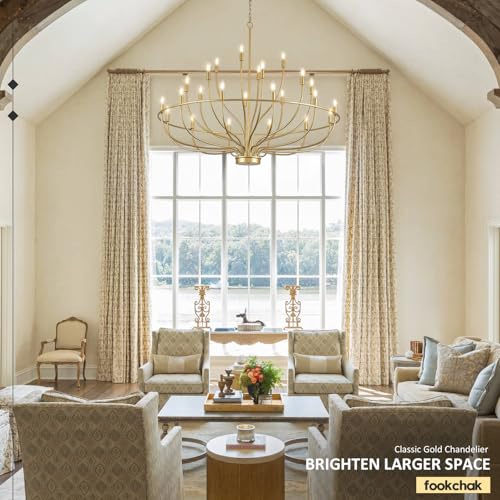 24 Light Gold Chandelier 51'' Large Candle Chandeliers for High Ceiling Foyer Brushed Brass Gold Chandelier Light Fixture for Large Living Room Dining Room Stairs Entry Restaurant Hotel