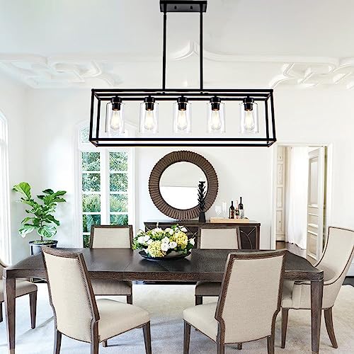 5 Light Dining Room Light Fixture Matte Black Farmhouse Chandelier Over Table Rectangular Kitchen Pendant Lighting Rectangle Modern Industrial Living Room Hanging Lights Adjustable Height