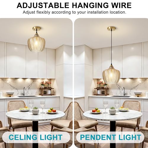Amber Glass Pendant Lights Kitchen Island 2 Pack Gold Hanging Ceiling Light (2 Count)