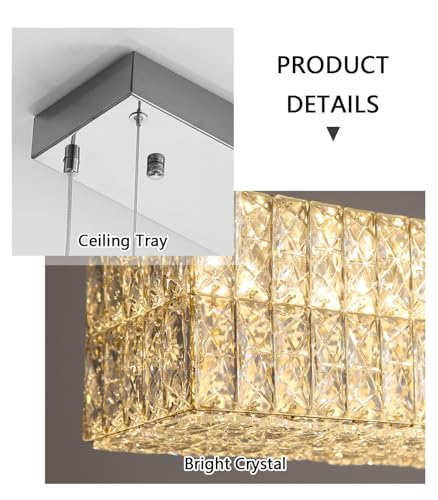 Rectangular Crystal Chandelier with Dimmable LED Lights Dining Room Remote Ceiling Pendants Lighting Fixtures for Kitchen Island Sliver